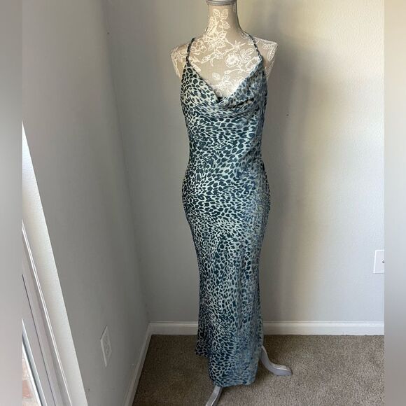Nasty Gal Velvet Animal Print Cowl Neck Midi Slip Dress in Teal - Picture 2 of 10